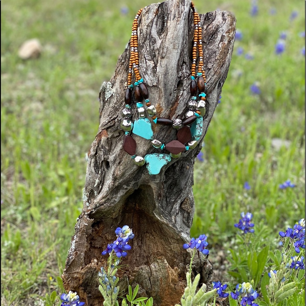 Faux Turquoise and Wood Multi Strand Necklace
